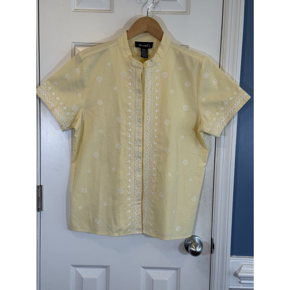 Denim & Company M Yellow Boho Cottage Floral Embroidered Top‎ 100% Cotton